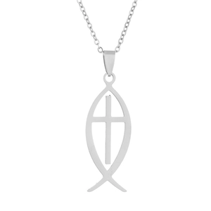 Macro shot of silver stainless steel Ichthys fish cross pendant with fine O-chain link