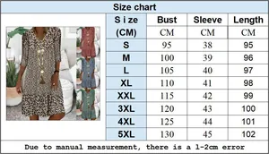 Detailed size chart for women's V-neck midi dress with floral print and 3/4 sleeves
