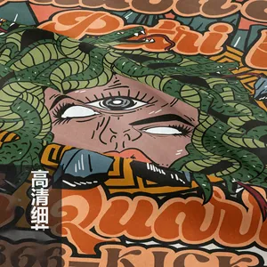 Macro detail of high-density knit fabric with vibrant Medusa street art print