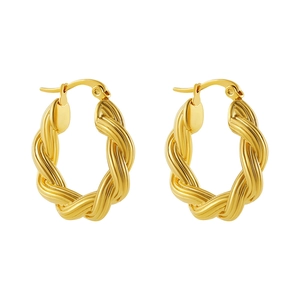 Detailed macro view of golden twisted hoop earrings with secure lever back closure