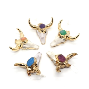 Bull head natural stone resin pendants with gold plating and colorful crystals