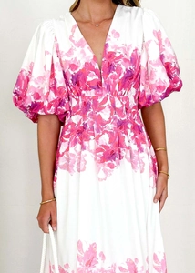 Close-up of V-neckline and puff sleeves on a floral print white midi dress for women