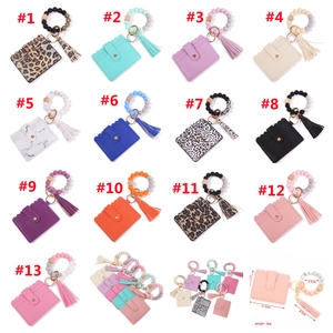 Silicone bead keychain bracelet set with PU leather card holder and tassel in 13 colors