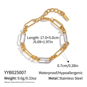 Detail view of two-tone stainless steel chain bracelet with sizing data and lobster clasp