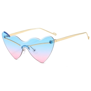 Stylish heart-shaped rimless sunglasses with blue-pink gradient lenses and gold metal temples