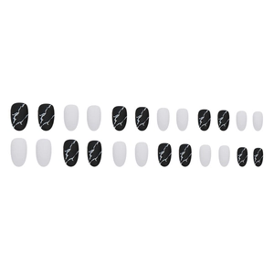 Matte almond press-on nails with white and black marble texture finish, 24 pieces set
