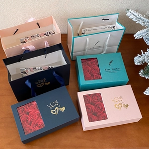Elegant rectangular rose flower gift box with window display and matching tote bag