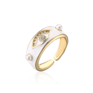 18K gold-plated evil eye open ring with white enamel, zircon accents and pearls