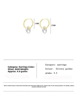 Detailed view of silver and gold link earrings with 18mm diameter and size dimensions