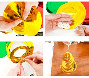 Detailed step-by-step assembly guide for hanging gold PVC spiral party decorations