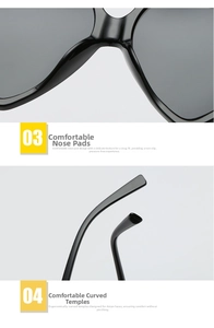 Detail of integrated nose pads and ergonomic curved temples for comfortable sunglasses