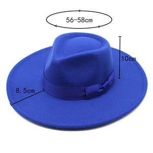 Royal blue wool fedora hat with satin ribbon bow showing 8.5cm wide brim dimensions