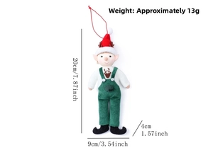 Detailed view of Christmas elf ornament in green overalls with dimensions 20cm x 9cm