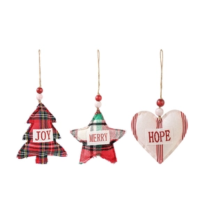 Plaid Christmas hanging ornaments set with JOY, MERRY, HOPE tags and wooden beads