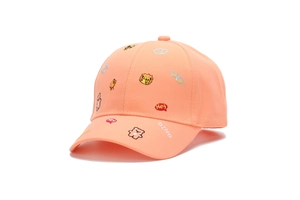 Detailed view of kids' cotton baseball cap with colorful bear and lion embroidery