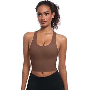 Vue de face du soutien-gorge de sport marron sans couture à col en U pour le yoga et fitness