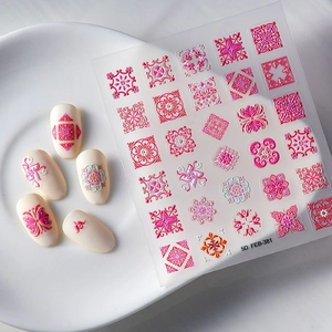 5D embossed nail stickers FEB-381 with bohemian totems and blue geometric patterns