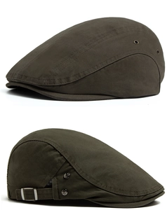 Side profile of an olive green retro cotton flat cap featuring metal star rivets.