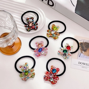 Cute Bear Shape Hair Tie Acetate Colorful Rhinestone High Elastic Ponytail Holder Sparkly Hair Accessories Women Girls