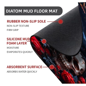 Three-layer structure detail of skull and rose bath mat showing non-slip rubber base