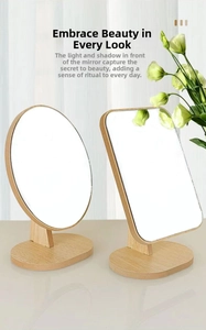 Macro view of natural wood textures on round and rectangular desktop vanity mirrors