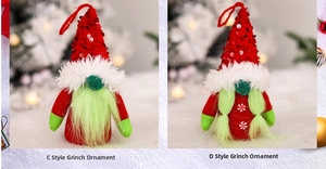 Detail of sequined red Grinch plush ornaments with long beard and braided button styles