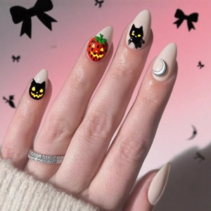 Halloween Press On Nails Long Almond Black Cat Moon Pumpkin Full Cover False Nails For Women