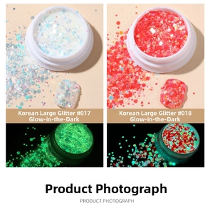Macro shot of luminous hexagonal nail sequins in daylight and dark green glow effect