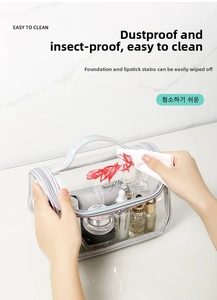 Demonstration of easy to clean PVC makeup bag showing lipstick stain wipe off process