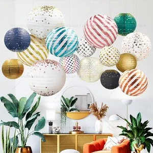 Collage of colorful jellyfish paper lanterns with stripes and dots for holiday parties