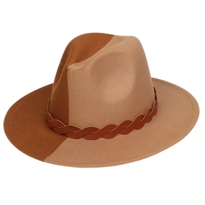 Detail of two-tone wool fedora hat featuring dark brown and khaki felt with woven leather band