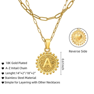 Detail of double-layer 18K gold plated stainless steel necklace with coin initial pendant
