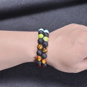 Double-layered 10mm lava and colorful natural stone beaded bracelet worn on wrist