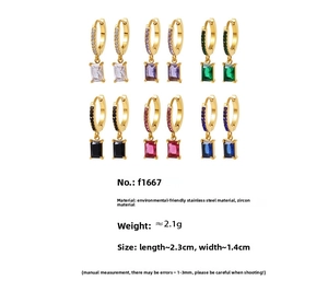 Detail view of 18K gold-plated stainless steel earrings with multi-color zircon stones