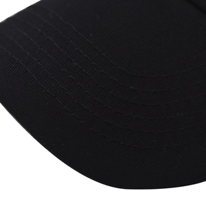 Detail of black cotton baseball cap brim featuring five rows of neat curved stitching
