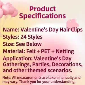 Valentine's Day party hair clips set with felt and mesh heart designs in 24 styles