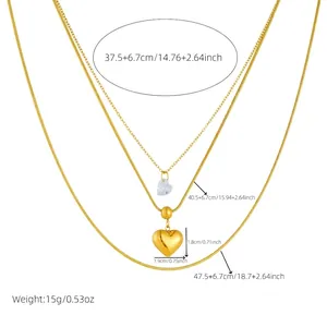 Gold layered stainless steel heart pendant necklace with multi-layer snake bone chains