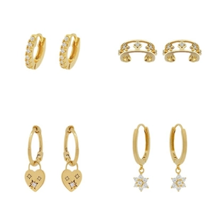 24K gold plated hoop earring set with zircon charms including heart and star motifs
