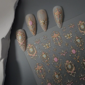 Detailed 3D embossed nail stickers featuring vintage baroque patterns with gold relief