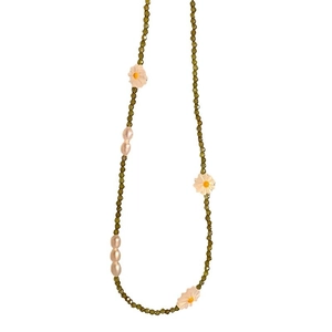 S925 silver necklace with green zircon beads, white daisy charms, and freshwater pearls