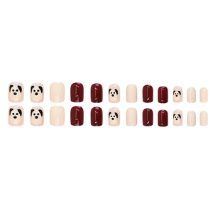 Faux ongles motif chien mignon en rouge foncé et beige 24 pièces forme carrée arrondie