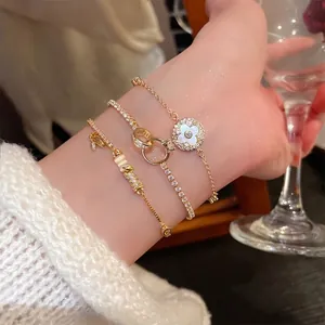 Fashion Women Bracelet Real Gold Plated Copper Zircon Interlocking Rings Adjustable Pull Buckle Light Luxury Elegant Jewelry