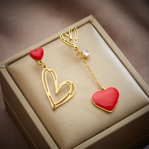 Boucles D Oreilles Pendantes Cœur Asymétriques Pour Femmes Acier Inoxydable Émail Rouge Zircon Chaîne Longue