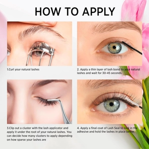 Step-by-step tutorial for applying DIY lash clusters with bond, seal, and applicator tool