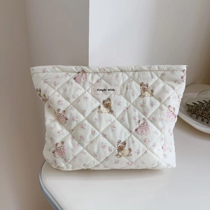Quilted Cotton Makeup Bag Floral Puppy Bunny Print Cute Toiletry Organizer Zipper Pouch For Women Travel Daily