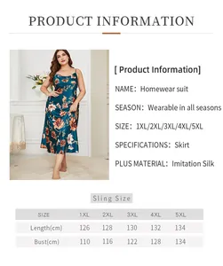 Detailed size guide for plus size floral imitation silk nightgown from 1XL to 5XL