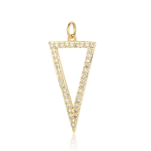 Macro detail of a triangle pendant frame in gold finish with sparkling pavé zircons