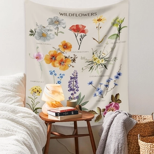 Detailed close-up of wild flower botanical tapestry hanging on a cozy bedroom wall