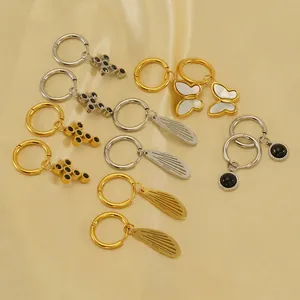 Stainless Steel Hoop Earrings With Butterfly Cross Wing Dangle 18K Gold Plated Minimalist Fashion Jewelry For Women