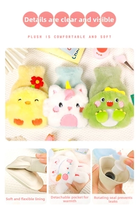 Detail of plush cartoon hot water bottle featuring a flexible PVC liner and soft animal covers
